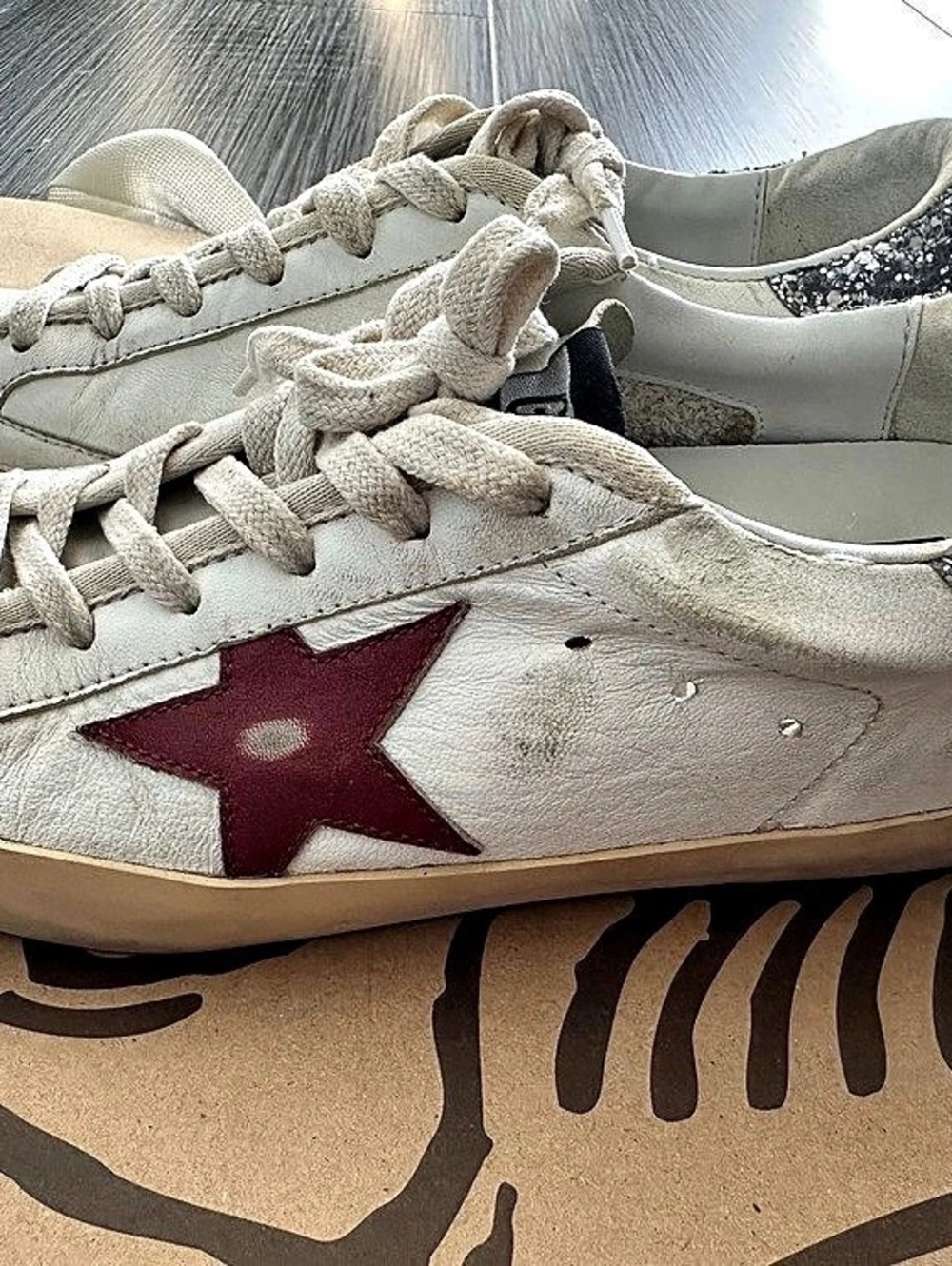 Golden Goose Super-Star White & Red Glitter Heel Sneakers